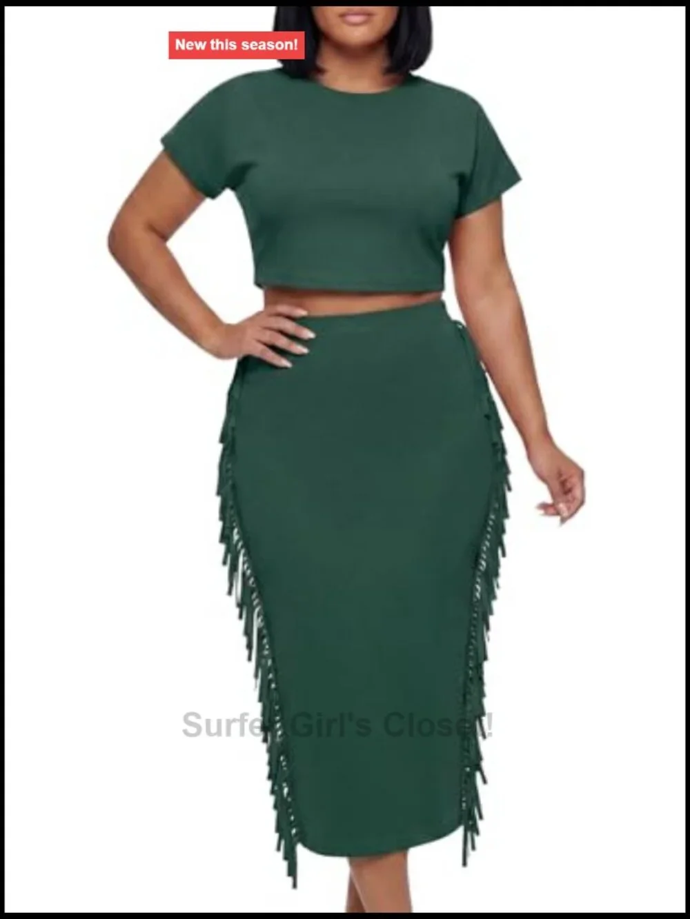 2 Piece Outfit Crop Top Tassel Trim Bodycon Midi Skirt Set